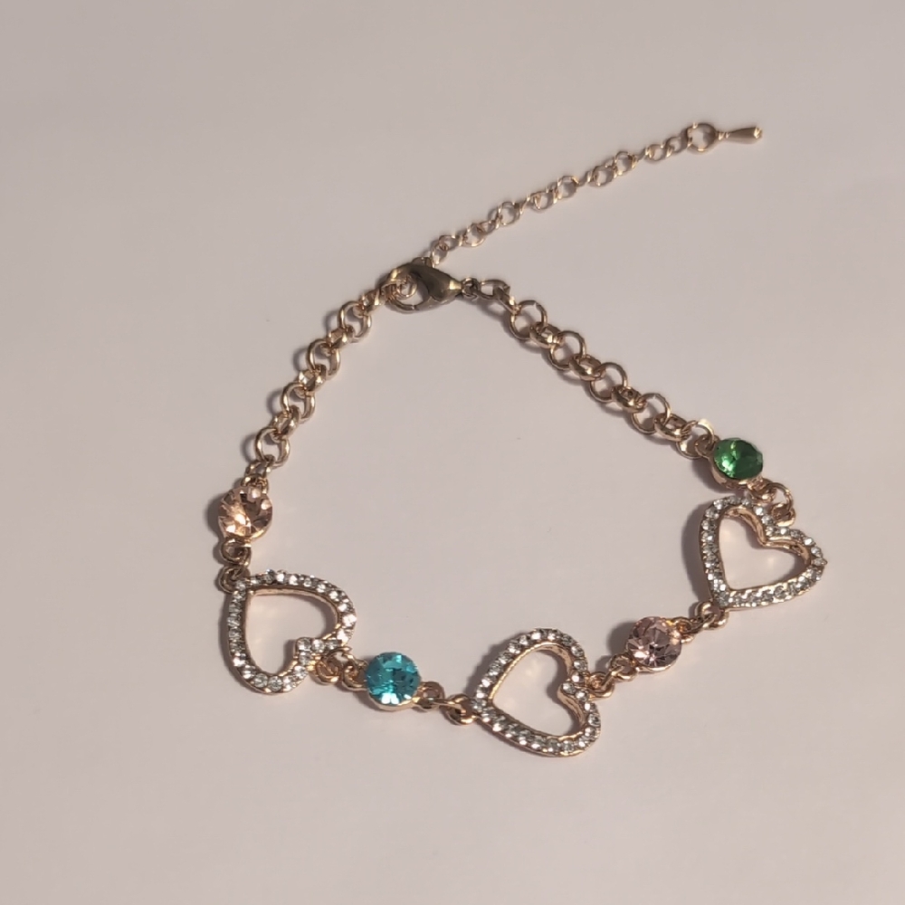 Elegant Gold Chain Link Crystal Heart Bracelet Multicolor Birthstone Accents‎